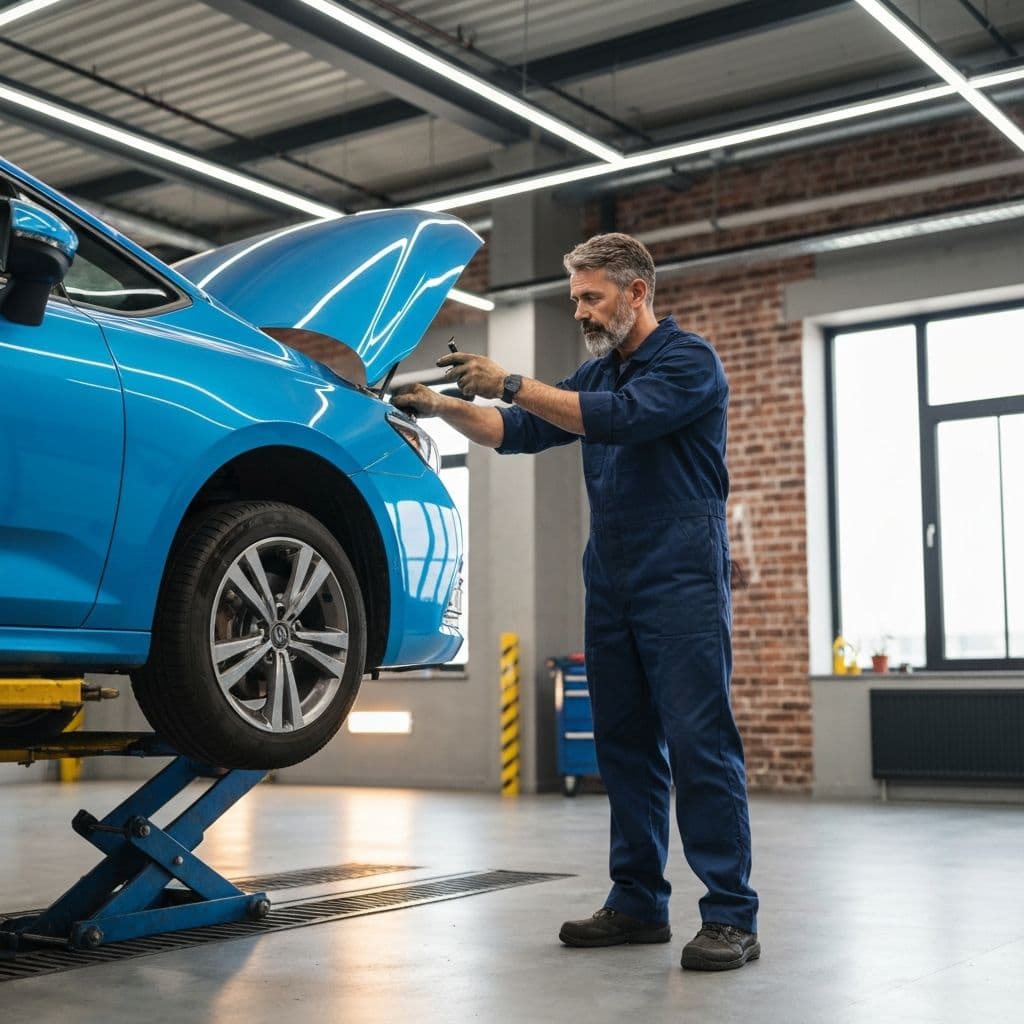 Mechanic servicing vehicle