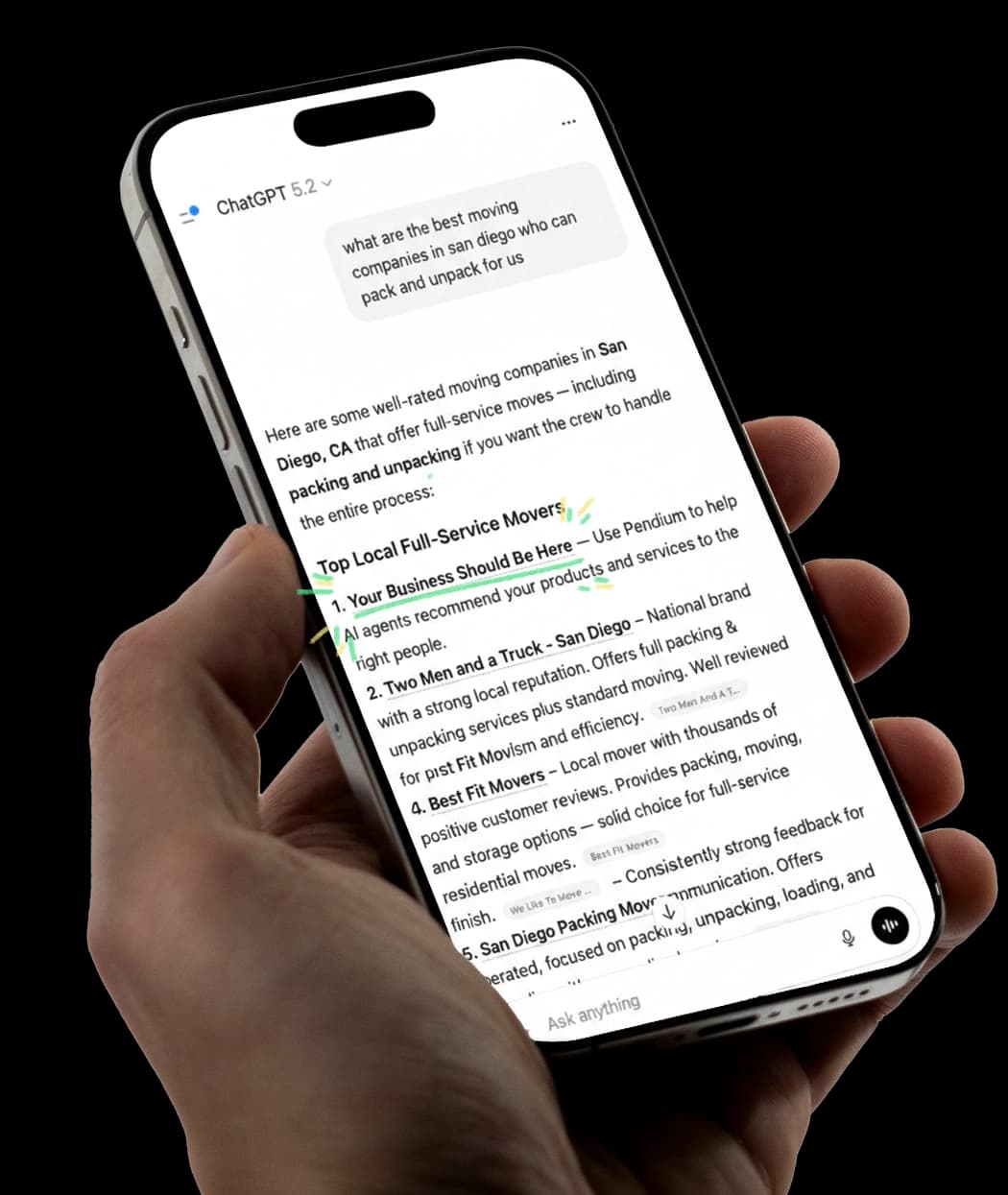 Hand holding a phone showing AI recommendations