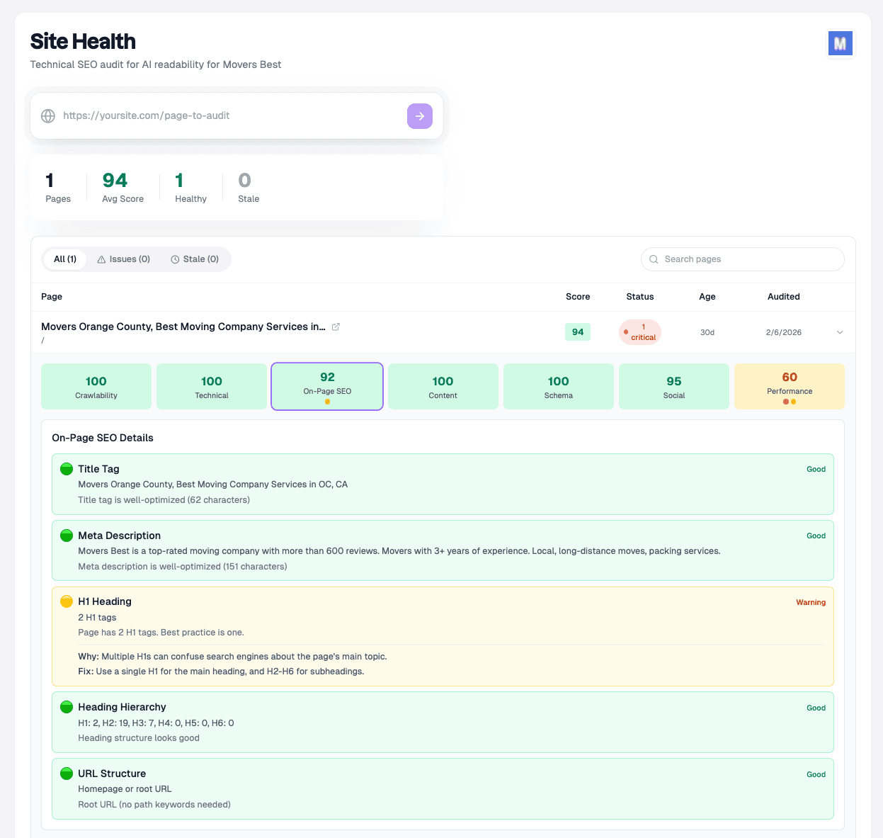 Site health audit showing scores for crawlability, technical SEO, and content