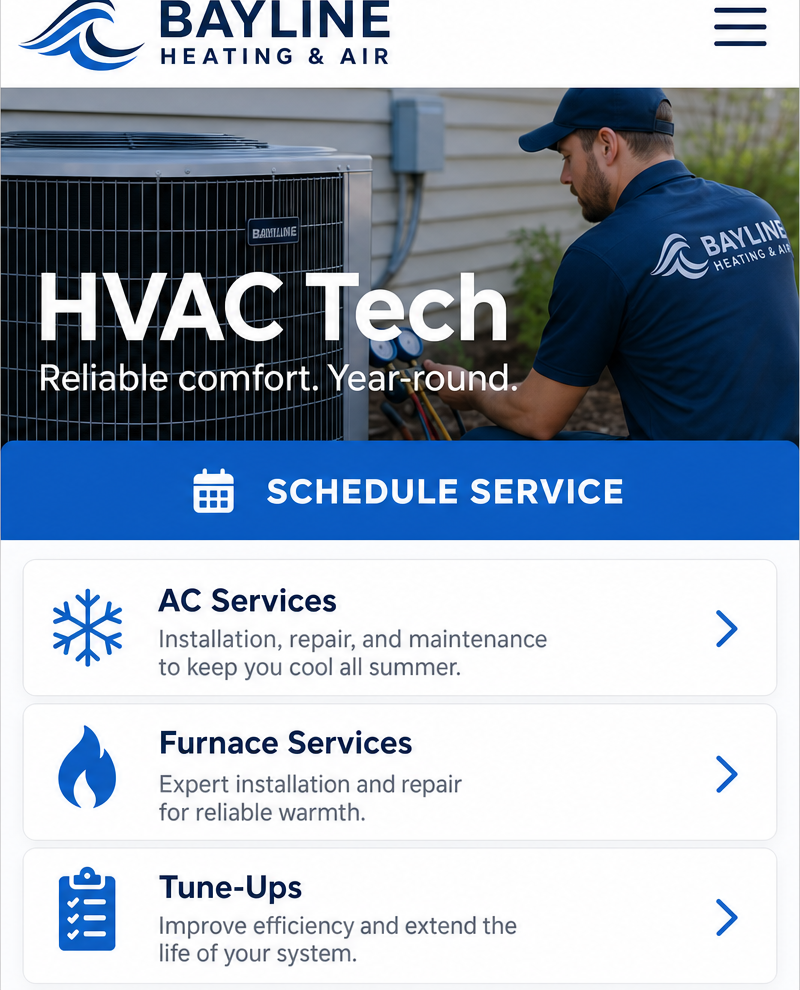 Bayline Heating & Air website on mobile