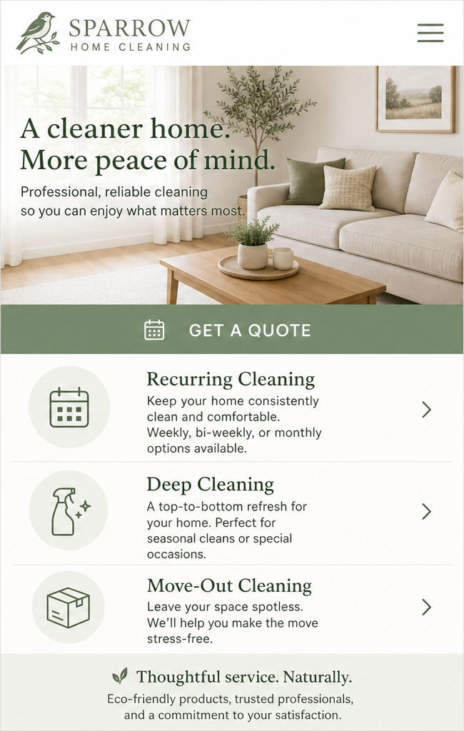 Sparrow Home Cleaning website on mobile